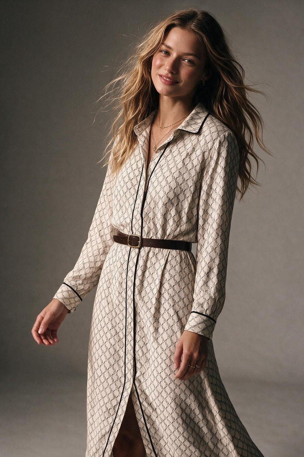 Cream Horses Printed Woven Piped Belted Maxi Shirt Dress