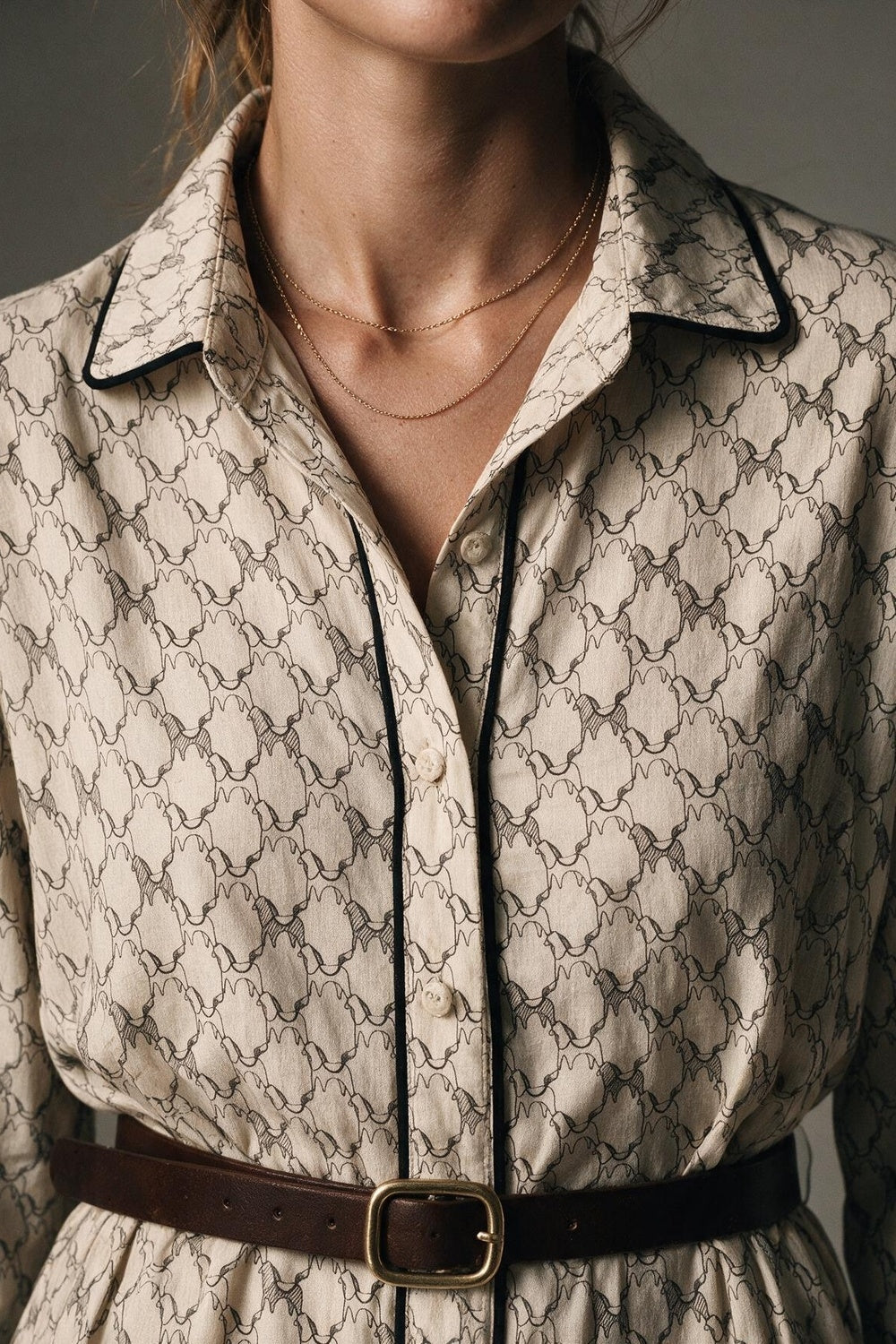 Cream Horses Printed Woven Piped Belted Maxi Shirt Dress