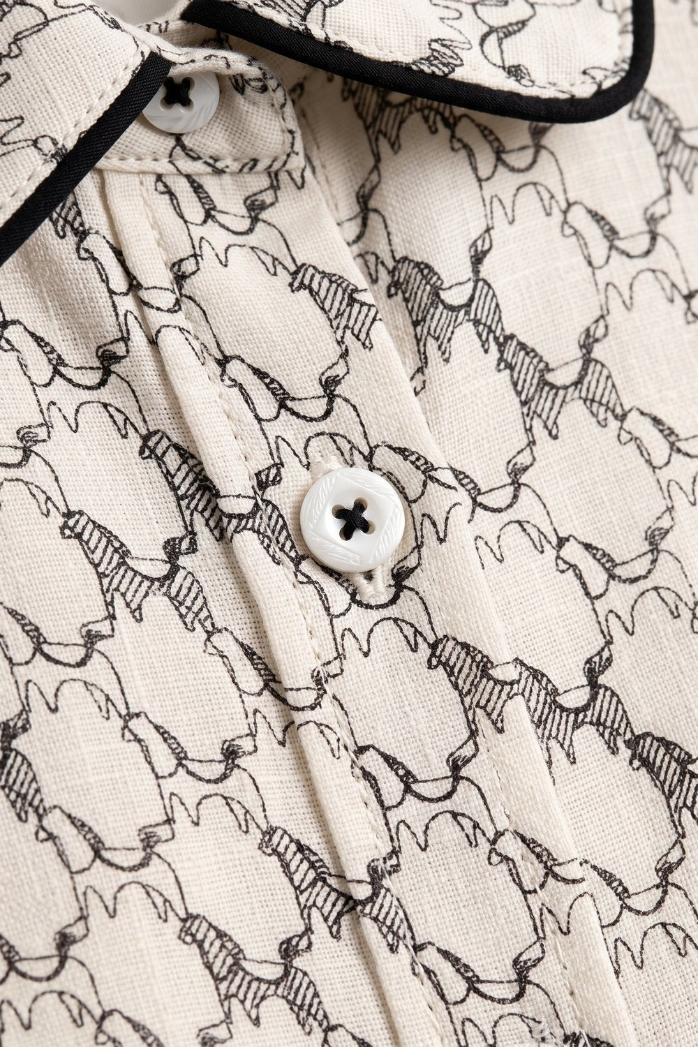 Cream Horse Print Lightweight Woven Piped Belted Shirt