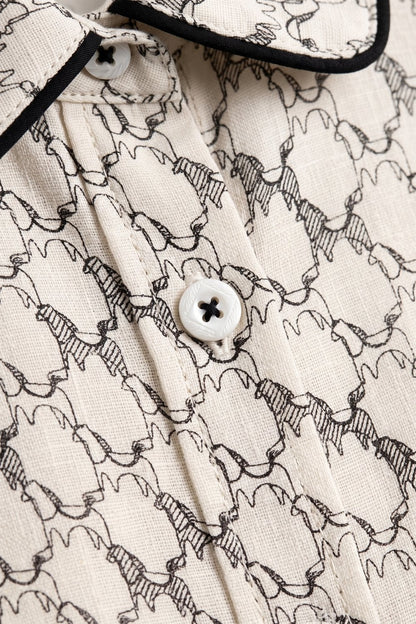 Cream Horse Print Lightweight Woven Piped Belted Shirt