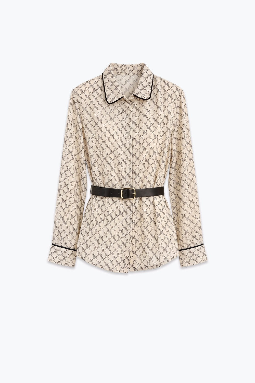 Cream Horse Print Lightweight Woven Piped Belted Shirt