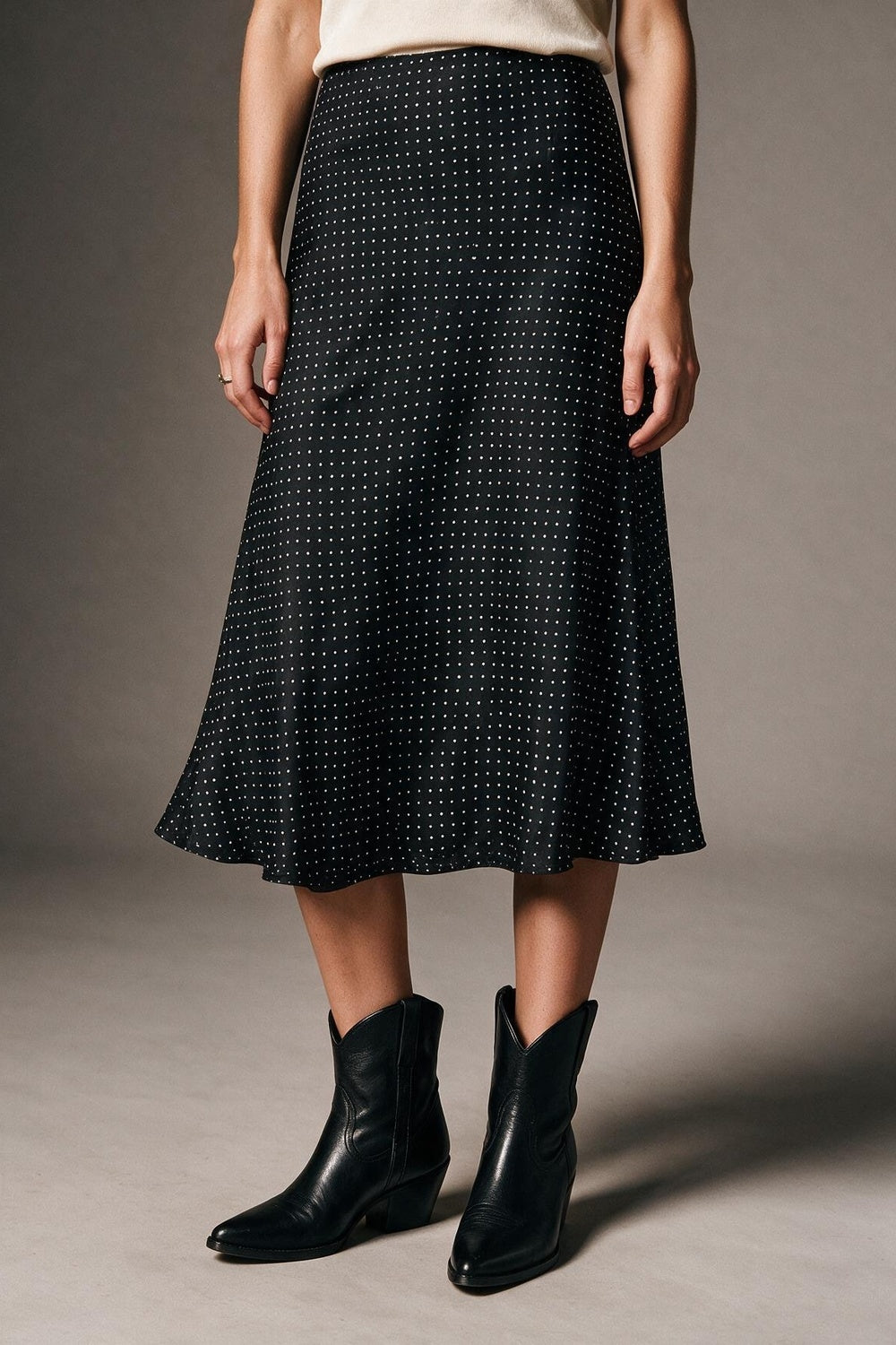 Black Polka-Dot Print Lightweight Woven A-Line Midi Skirt no waistband