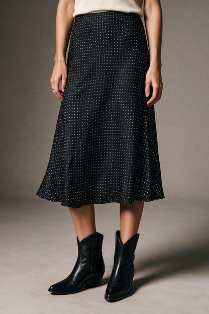 Black Polka-Dot Print Lightweight Woven A-Line Midi Skirt no waistband