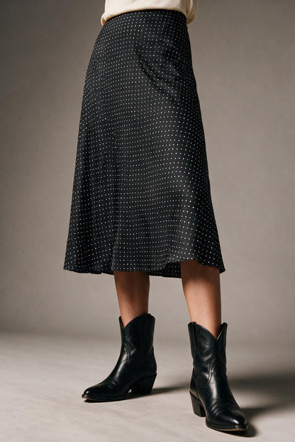 Black Polka-Dot Print Lightweight Woven A-Line Midi Skirt no waistband