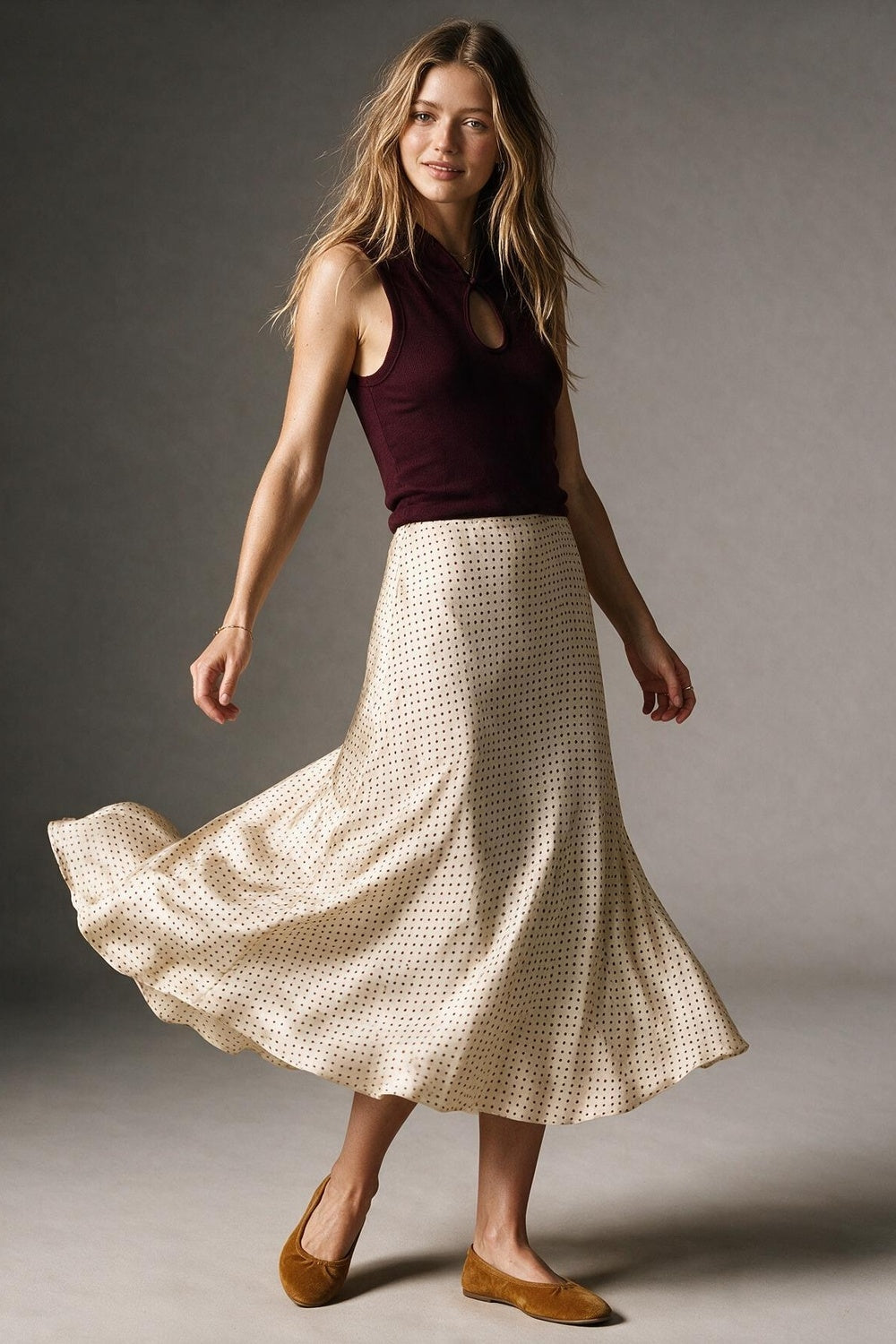 Beige Polka-Dot Print Satin Bias Cut Midi Skirt no waistband