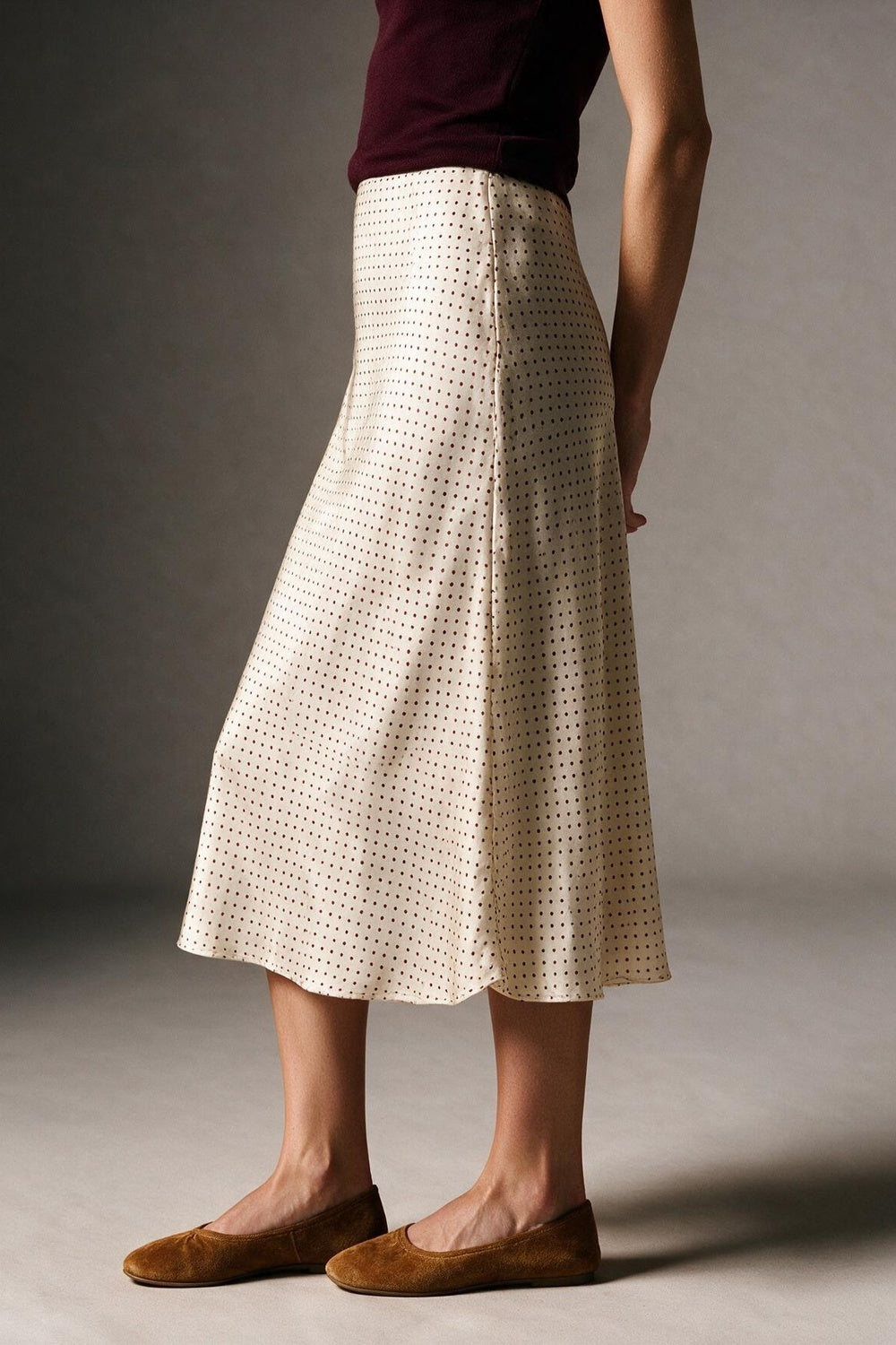 Beige Polka-Dot Print Satin Bias Cut Midi Skirt no waistband