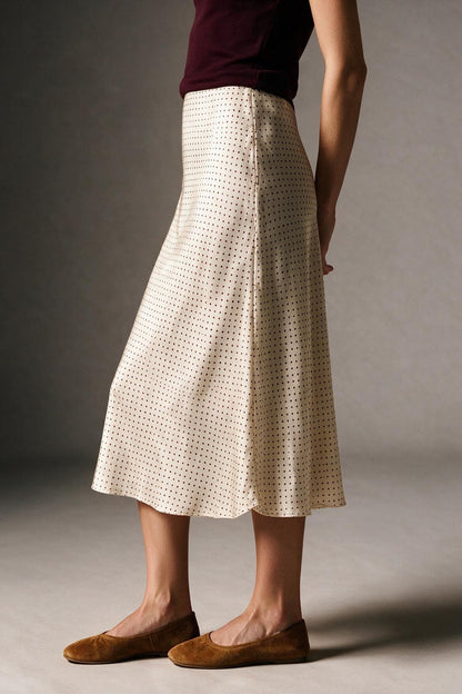 Beige Polka-Dot Print Satin Bias Cut Midi Skirt no waistband