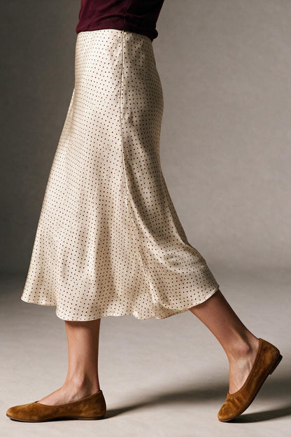 Beige Polka-Dot Print Satin Bias Cut Midi Skirt no waistband