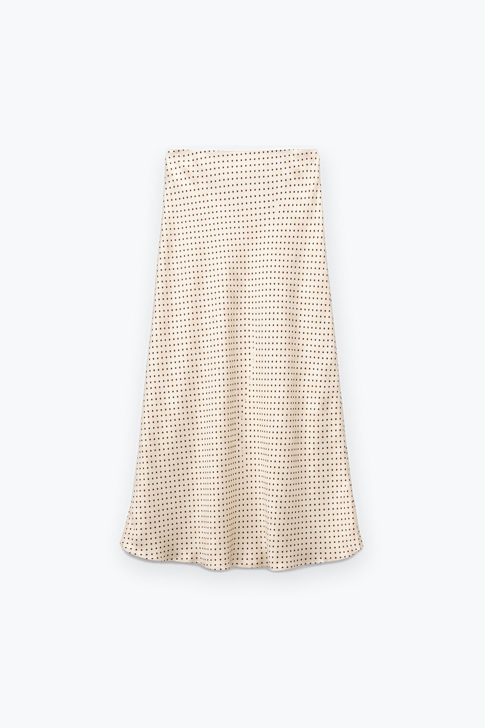 Beige Polka-Dot Print Satin Bias Cut Midi Skirt no waistband