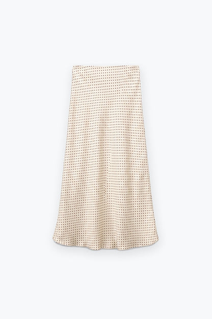 Beige Polka-Dot Print Satin Bias Cut Midi Skirt no waistband