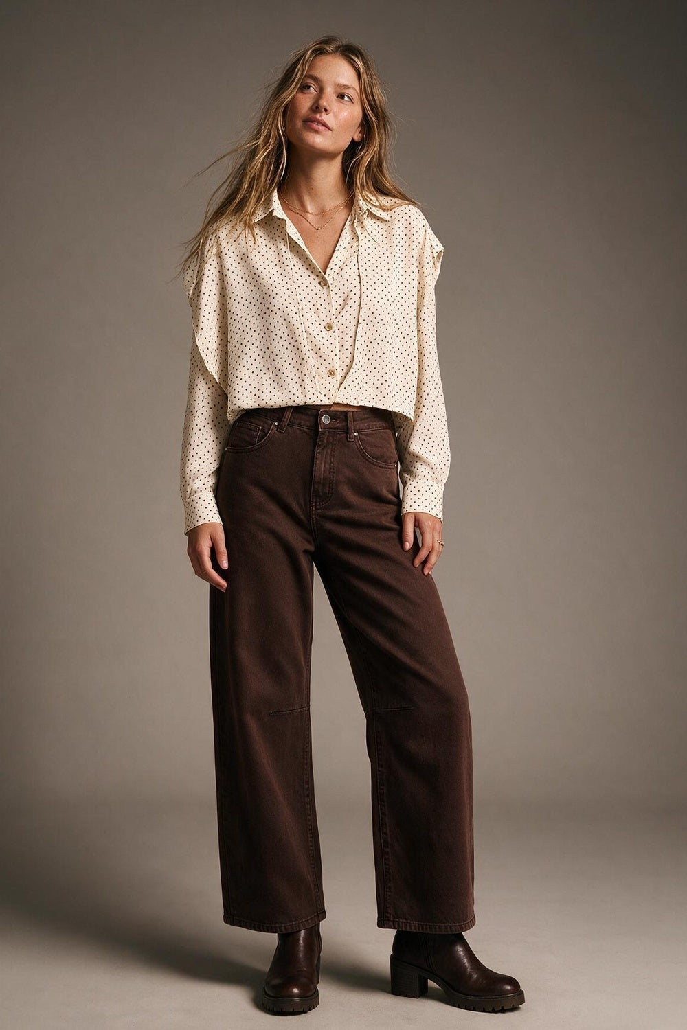 Cream Polka-Dot Lightweight satin Cropped Button Shirt