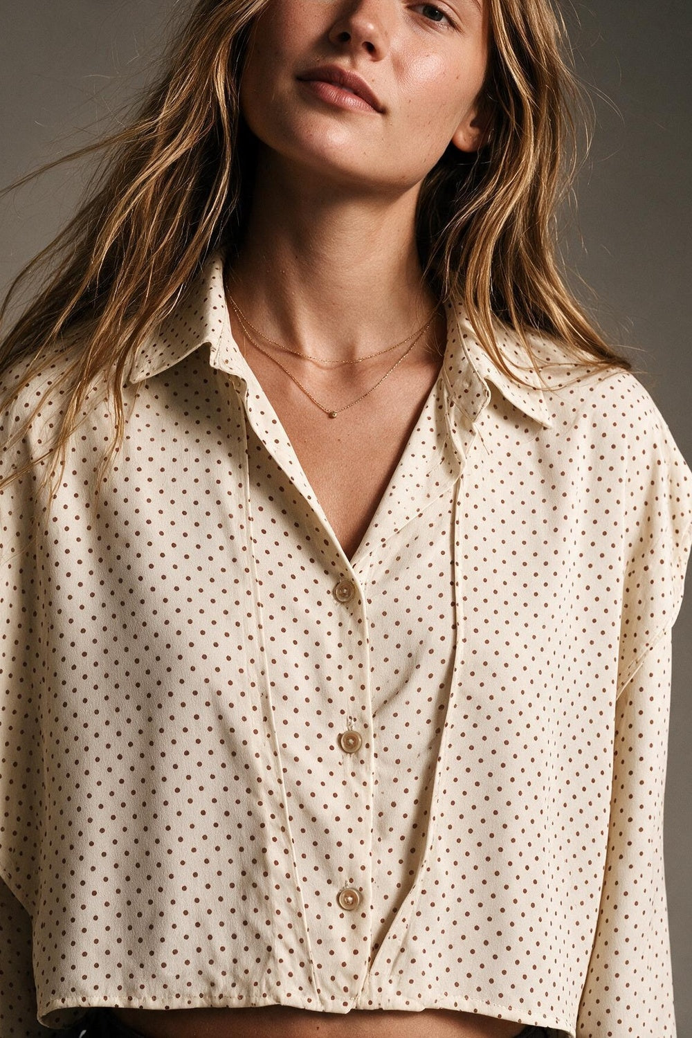 Cream Polka-Dot Lightweight satin Cropped Button Shirt