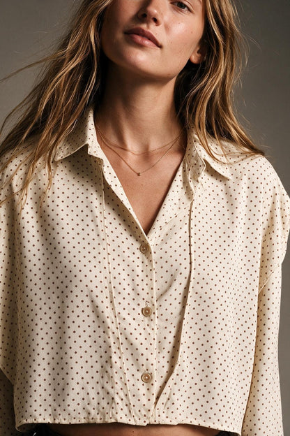 Cream Polka-Dot Lightweight satin Cropped Button Shirt