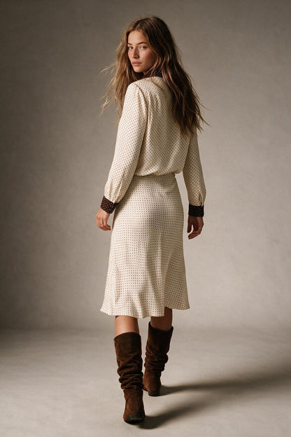 Cream Polka-Dot Print Long Sleeve Blouse with burgundy Contrast Bow Tie