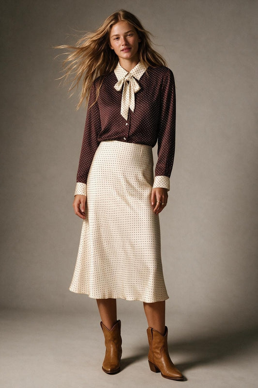 Burgundy satin Polka-Dot Print Blouse Shirt with cream Contrast Bow Tie