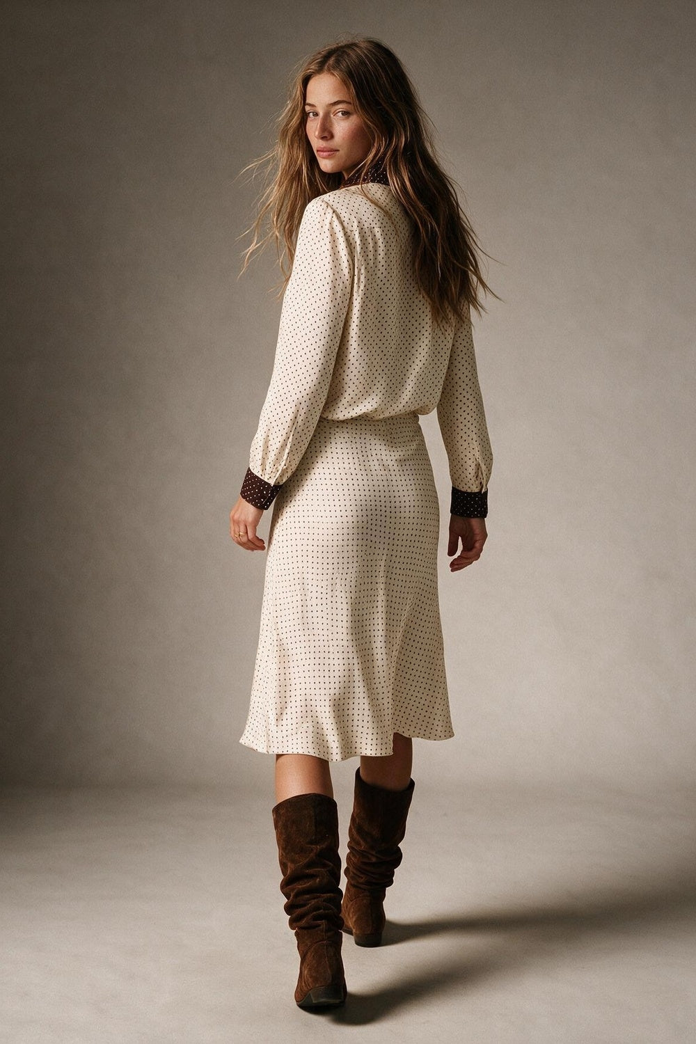 Beige Polka-Dot Print Satin Bias Cut Midi Skirt no waistband