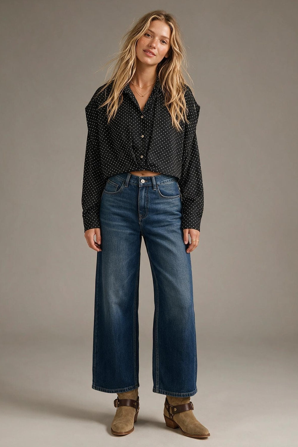 Black Polka-Dot Lightweight satin Cropped Button Shirt