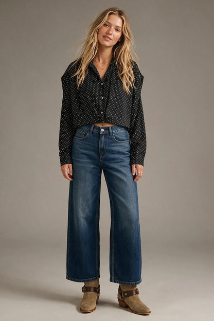 Black Polka-Dot Lightweight satin Cropped Button Shirt