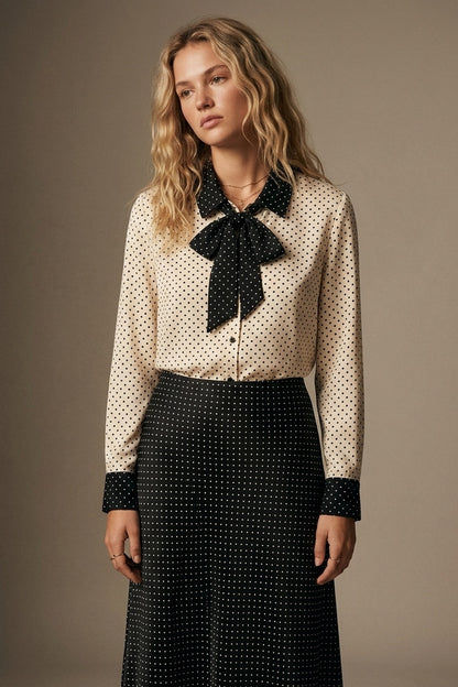 Cream Polka-Dot Lightweight satin black Contrast Tie Neck Blouse Shirt