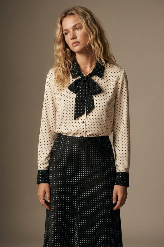 Cream Polka-Dot Lightweight satin black Contrast Tie Neck Blouse Shirt