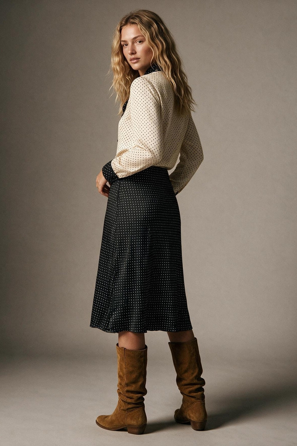 Cream Polka-Dot Lightweight satin black Contrast Tie Neck Blouse Shirt