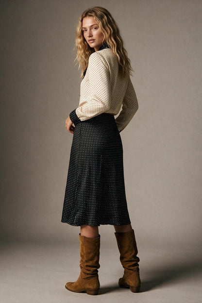 Cream Polka-Dot Lightweight satin black Contrast Tie Neck Blouse Shirt