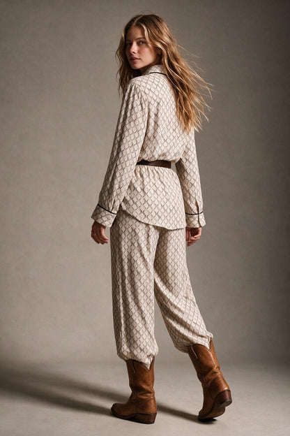 Cream Horse Print Lightweight Woven Piped Belted Shirt