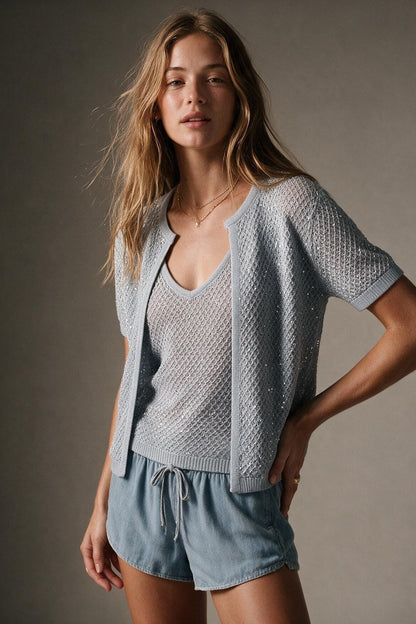 Light Blue Sequined knitted Crochet V Neck Cropped Tank Top