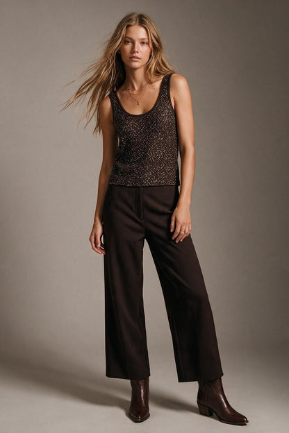Brown Sequined knitted Scoop Neck Sleeveless Tank Top