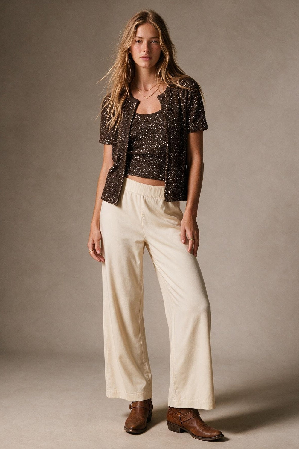 Brown Sequined Soft Knit Ribbed Trim Short Sleeve Cardigan