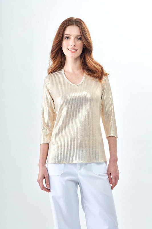 BCT7633SH Ribbed Metallic Knit 3/4 Sleeve Top