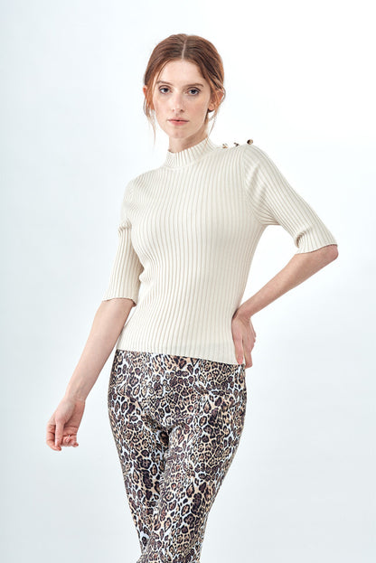 BCT90A03A Ribbed Knit Fitted Mock Neck Top