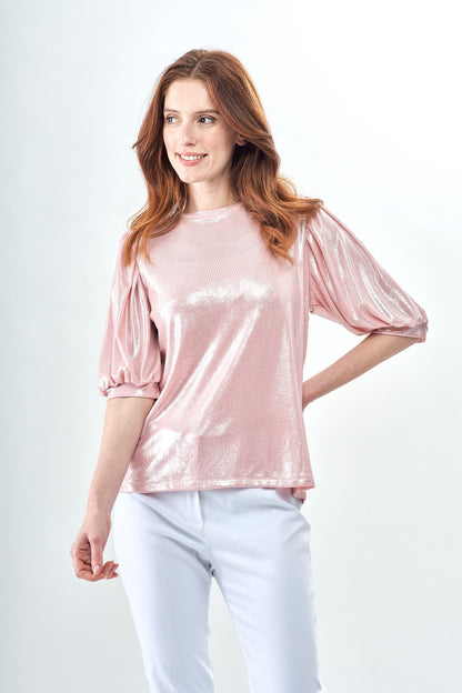 BCT10187A Puff Short Sleeve Metallic Top