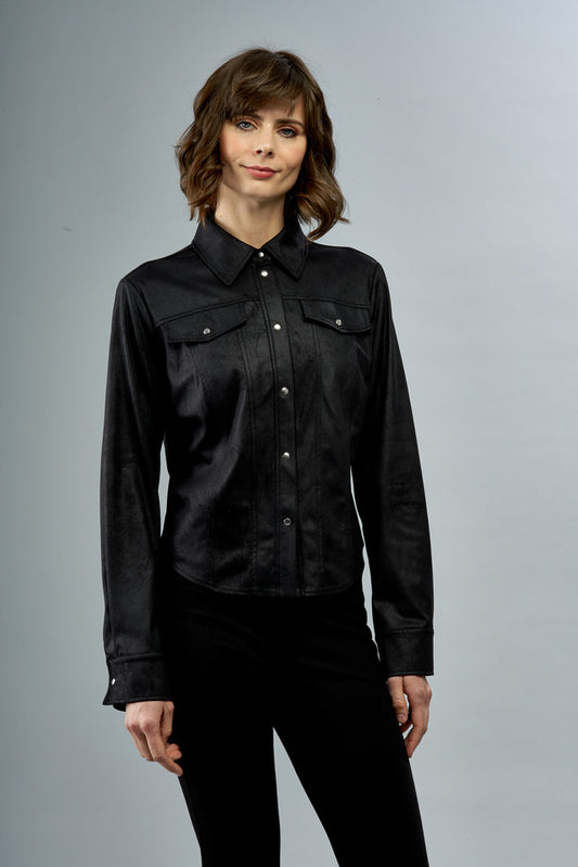 BCJ0987 Faux Vegan Shacket with Snap Closure in Black