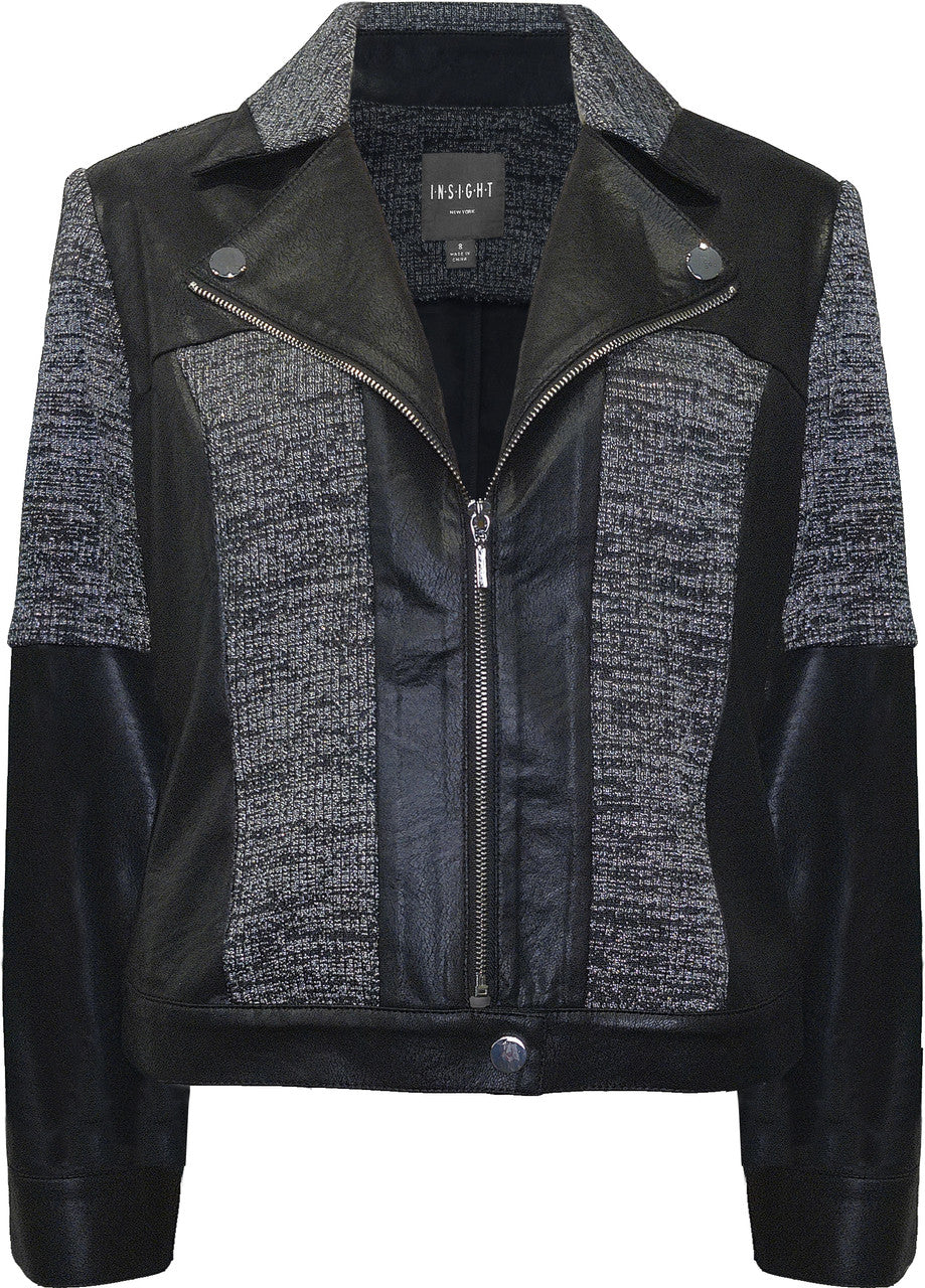 BCJ101C06RIB Faux Vegan Leather/Knit Combo Moto Jacket