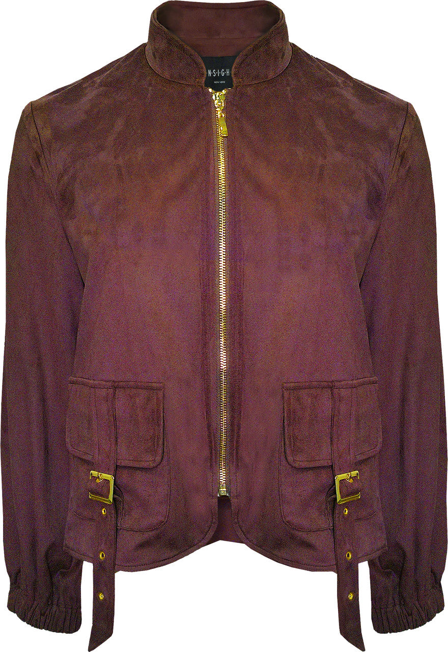 BCJ17672B Silky Suede Jacket with Buckled Pocket in Beautiful Brown