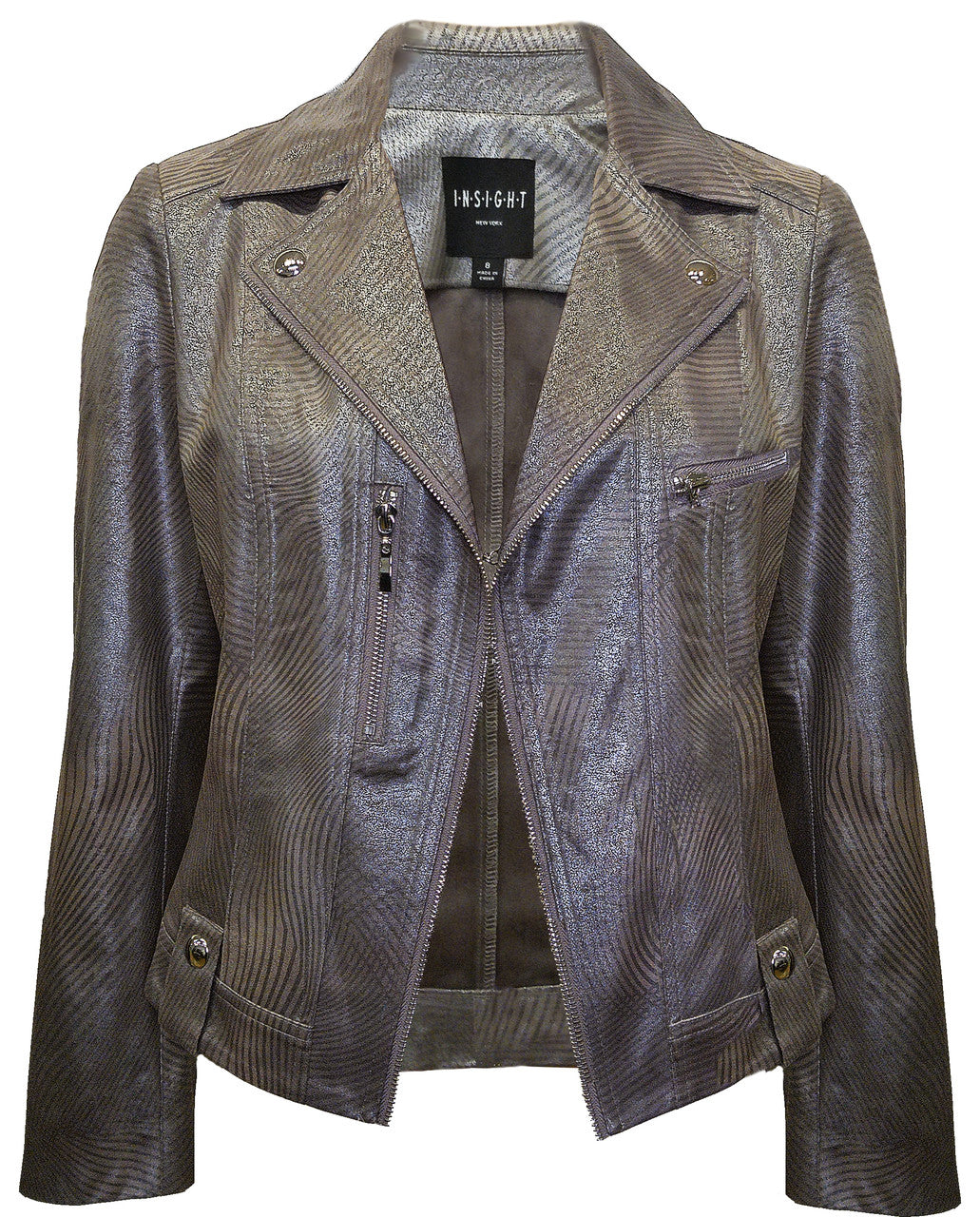 BCJ17681MPRG Printed Metallic Vegan Leather Moto Jacket