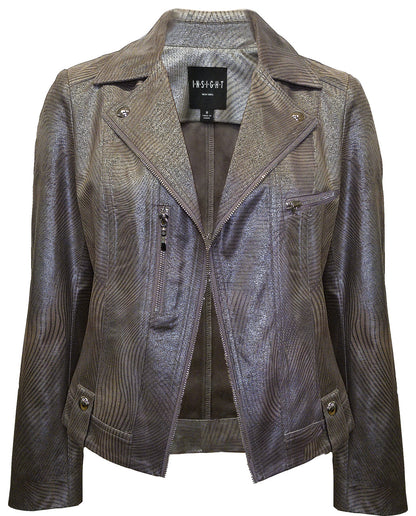 BCJ17681MPRG Printed Metallic Vegan Leather Moto Jacket
