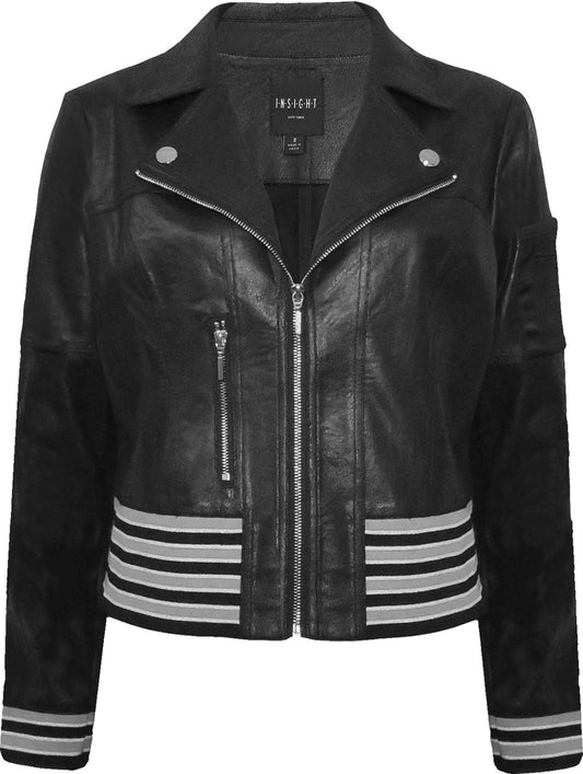 BCJ1809DA Solid Vegan Leather Zip Up Jacket with Knit Trim in Black