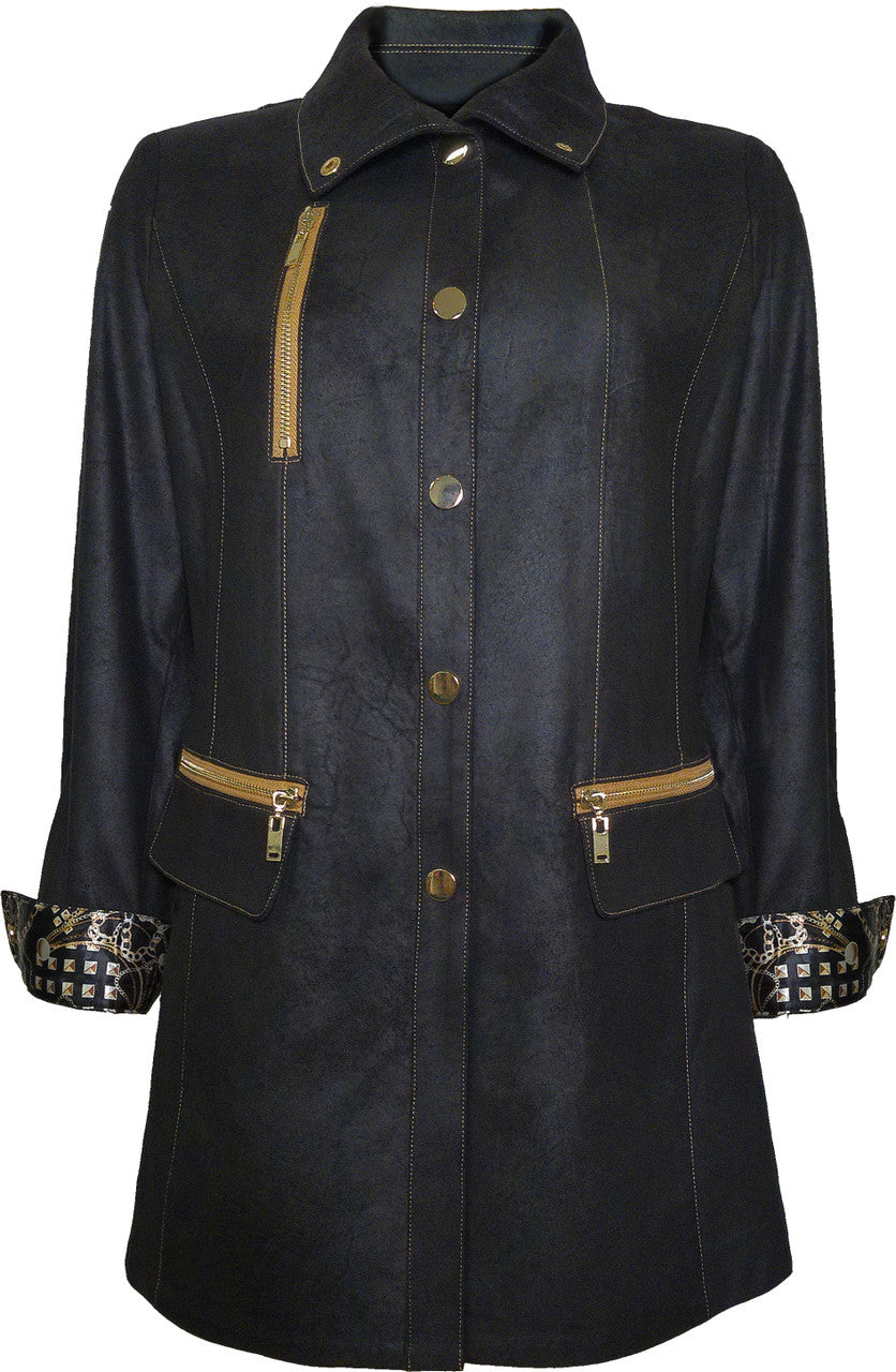 BCJ1826F Long Solid Vegan Jacket with Zip Pockets and Snap Closure