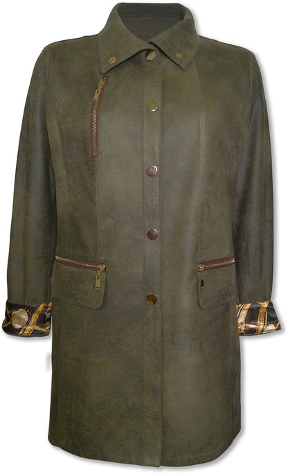 BCJ1826F Long Solid Vegan Jacket with Zip Pockets and Snap Closure