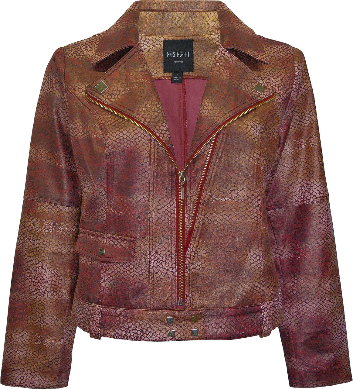BCJ5703DBPR Printed Vegan Leather Moto Jacket with Zipper & Stud Trim in Liquid Scarlet Snake