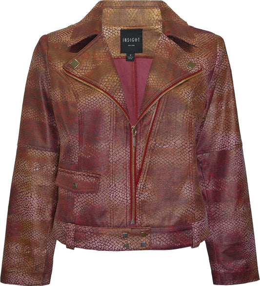 BCJ5703DBPR Printed Vegan Leather Moto Jacket with Zipper & Stud Trim in Liquid Scarlet Snake