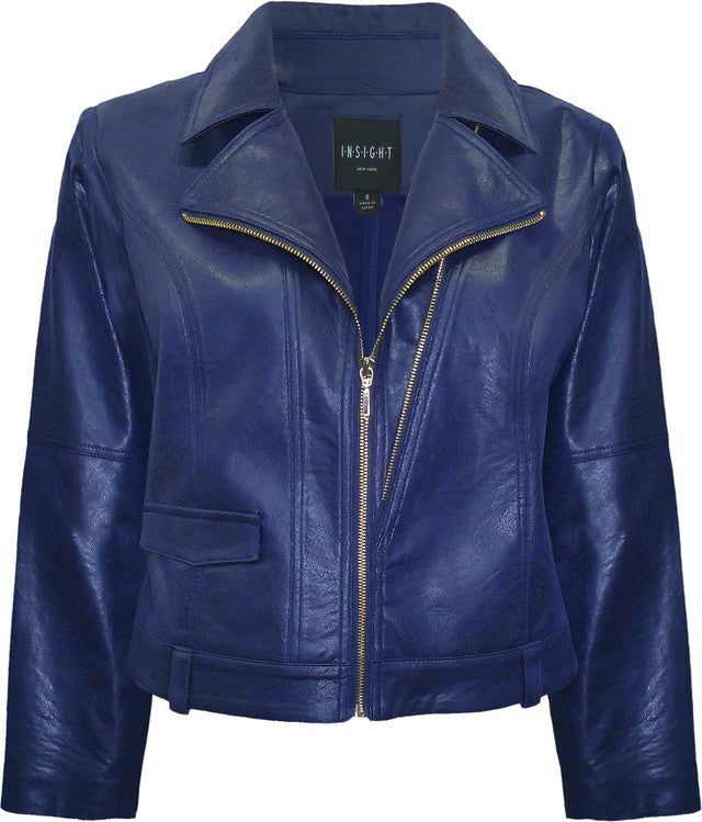 BCJ5703DB Faux Vegan Moto Jacket with Zipper & Stud Trim in Blueberry