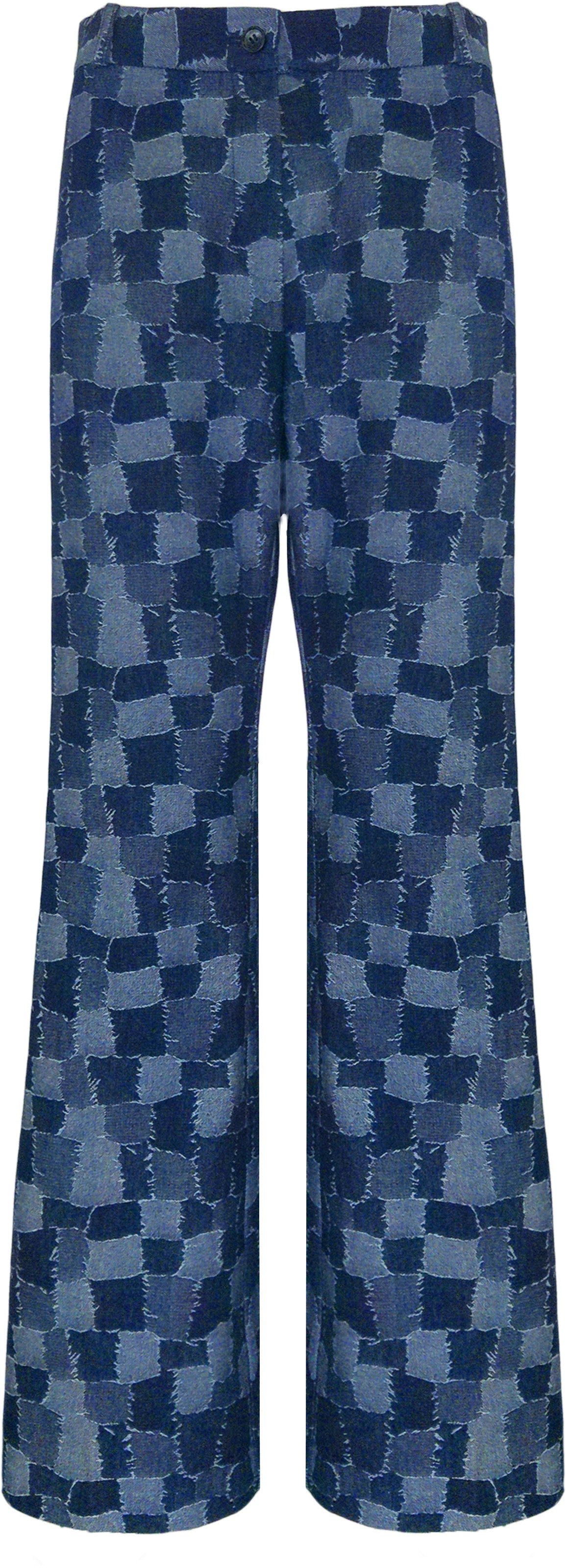BCP10131CPRB Statement Printed Flared Pants in Patched Denim
