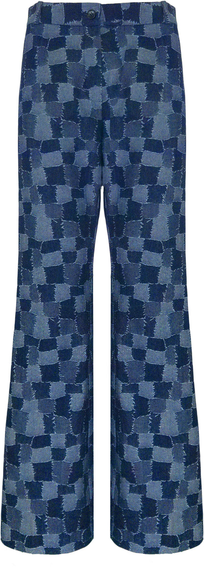 BCP10131CPRB Statement Printed Flared Pants in Patched Denim