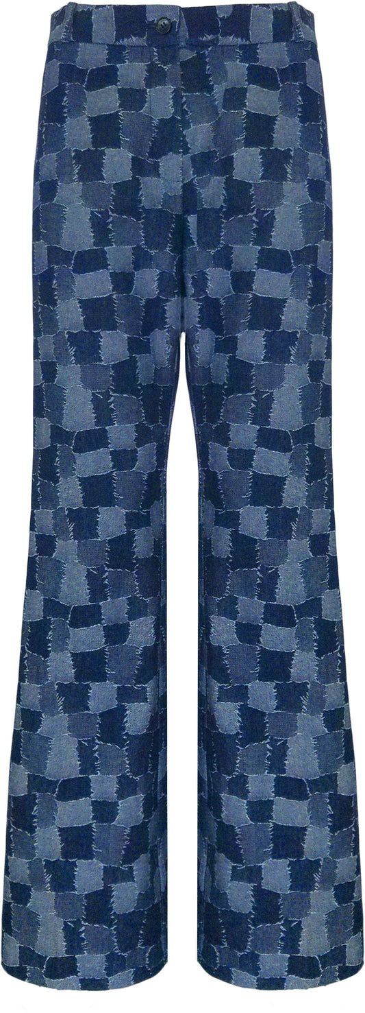 BCP10131CPRB Statement Printed Flared Pants in Patched Denim