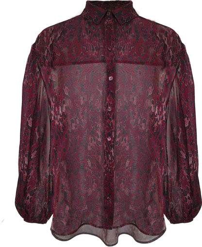 Pink Leopard BCT2613A Georgette Long Sleeve Button Down Blouse in Pink Leopard