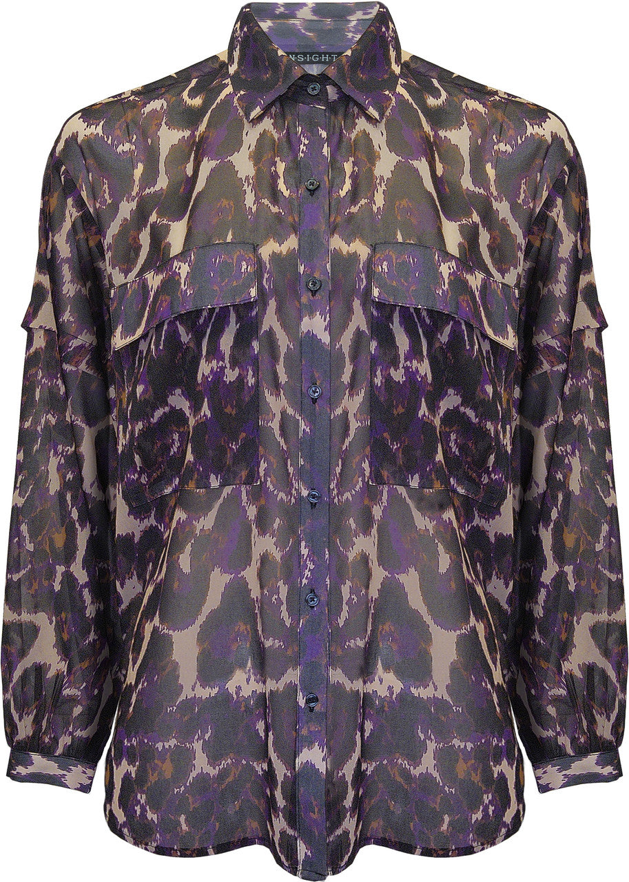 BCT5748 Georgette Long Sleeve Button Down Blouse with Front Pockets in Violet Leopard