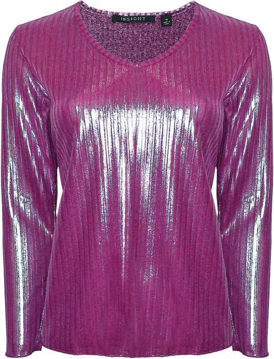 BCT7633 Metallic Rib Knit V Neck Top